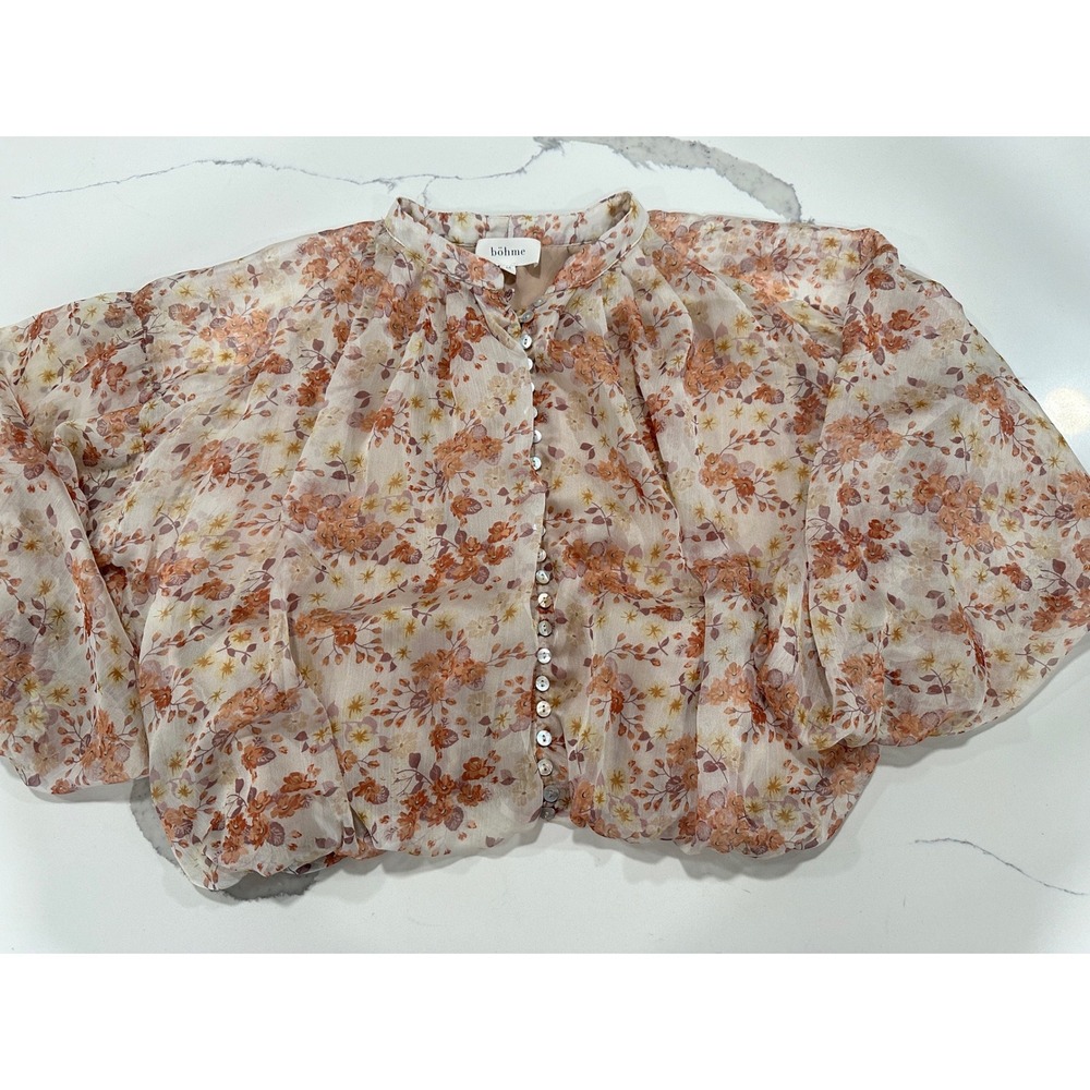 Bohme Sheer‎ Floral Button Up Blouse Balloon Sleeve M